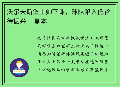 沃尔夫斯堡主帅下课，球队陷入低谷待振兴 - 副本